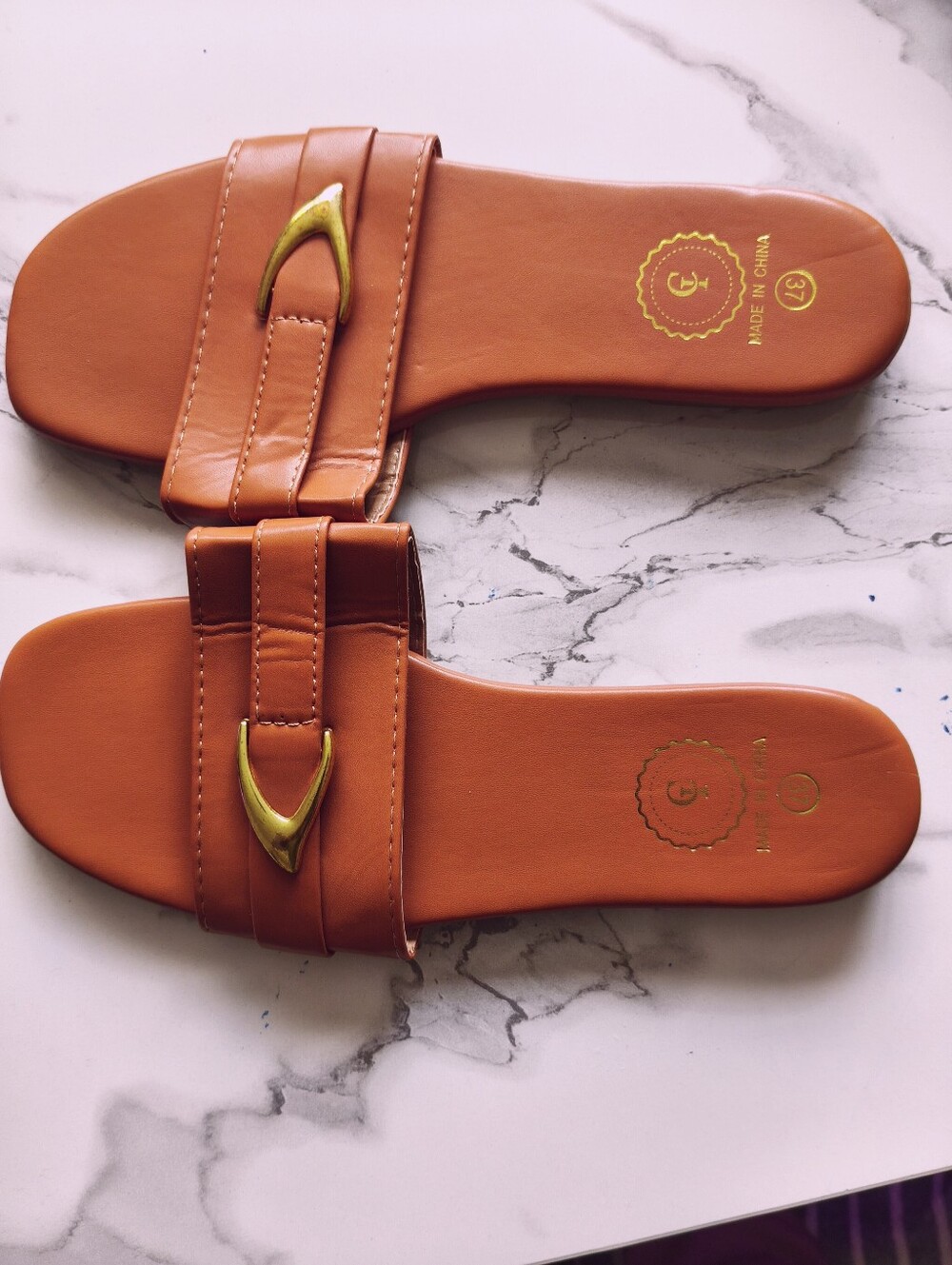 Women’s Tan Slide Sandals with Gold Accent Detail
